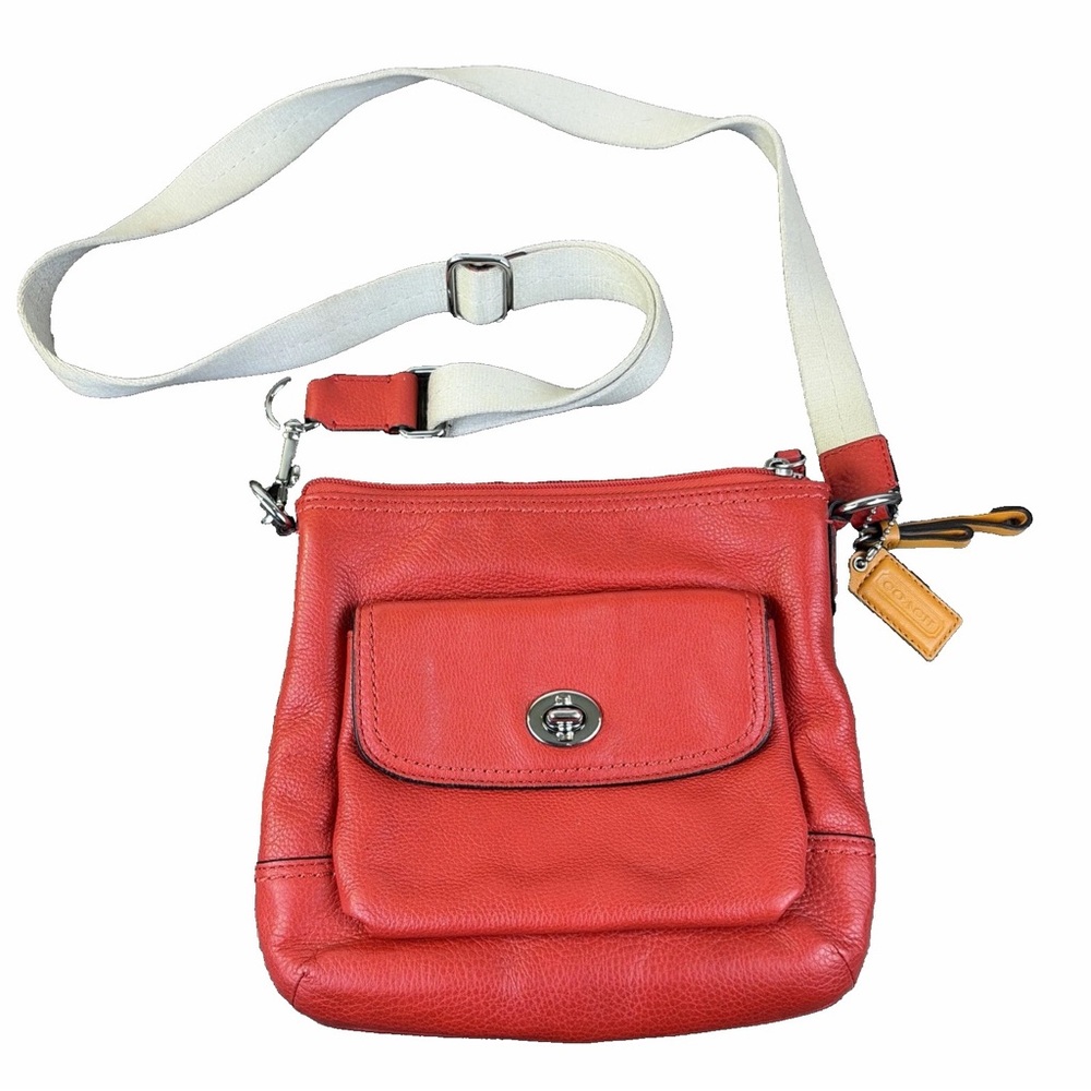 Coach Park Red Coral Leather Swingpack Crossbody Bag Purse Turn Lock Zip Top
